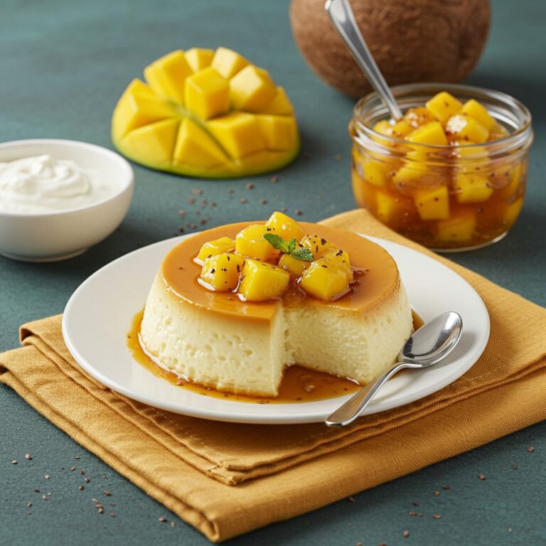 Flan de coco con salsa de mango y cacao tropical