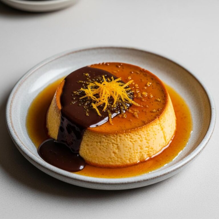 Flan de leche con caramelo de chocolate y ralladura de naranja