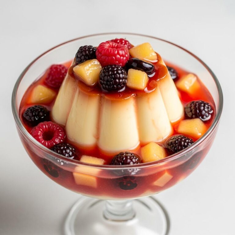 Pudin de vainilla con salsa de frutos rojos