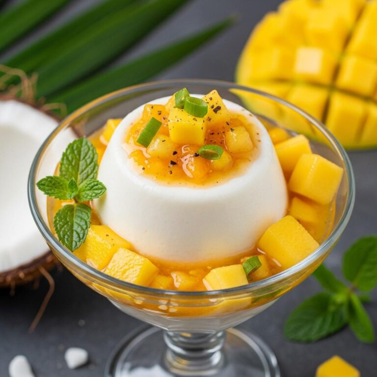 Pudin de coco con salsa de mango y especias tropicales