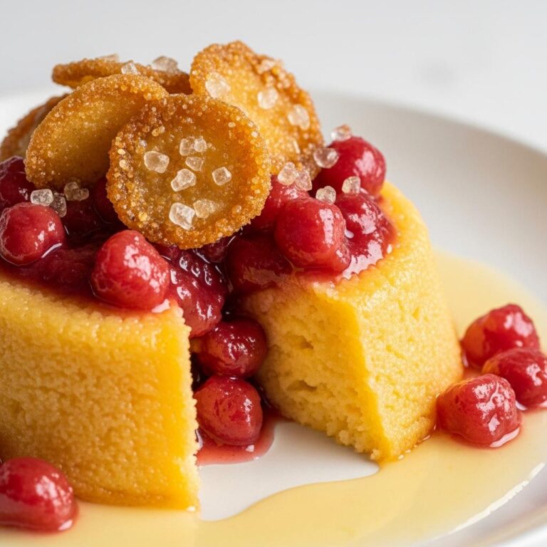 Bizcocho de limón con salsa de frutos rojos y crujiente de nueces