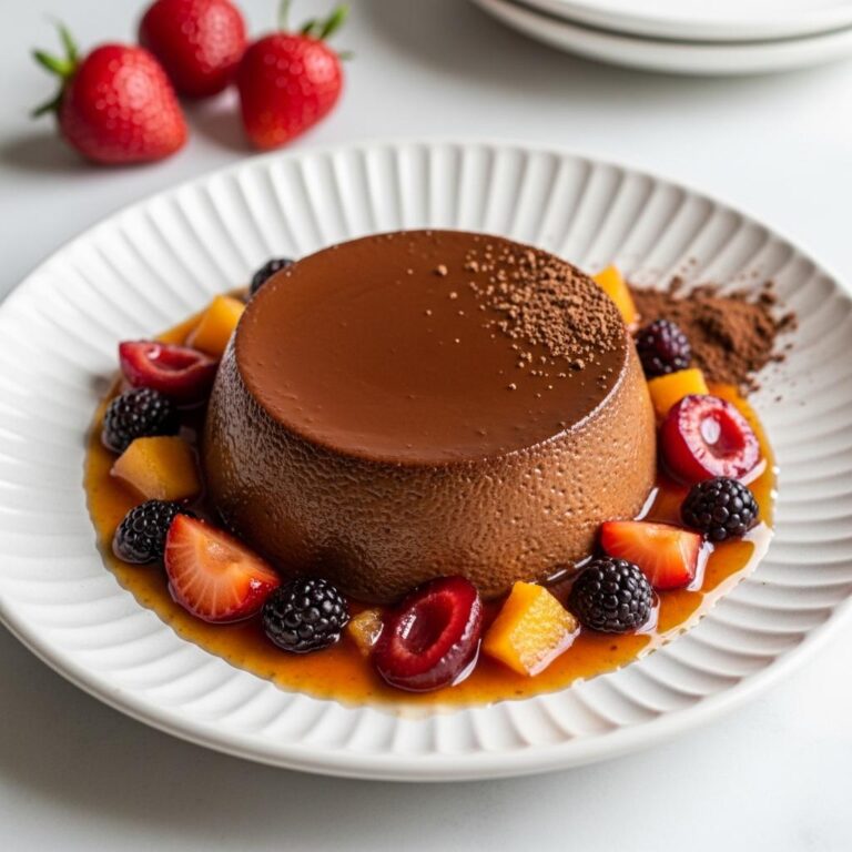 Flan de leche con caramelo de frutos rojos y cacao
