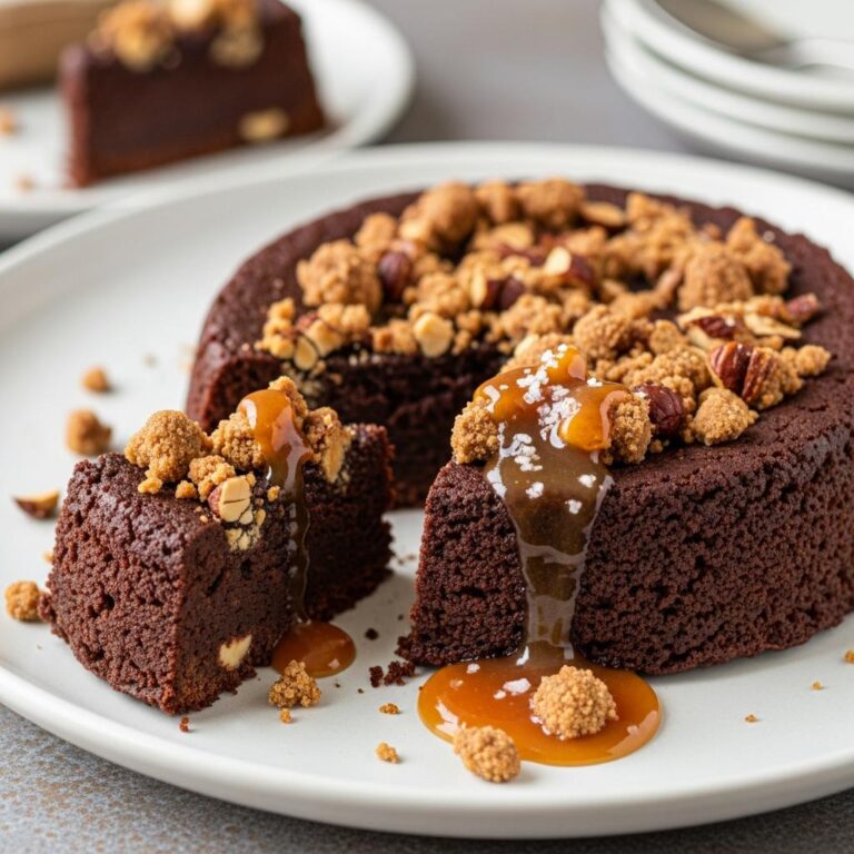 Bizcocho de chocolate con crumble de avellanas y caramelo