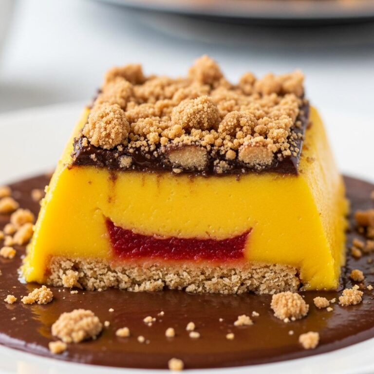Bizcocho de mango con crumble de coco y salsa de chocolate