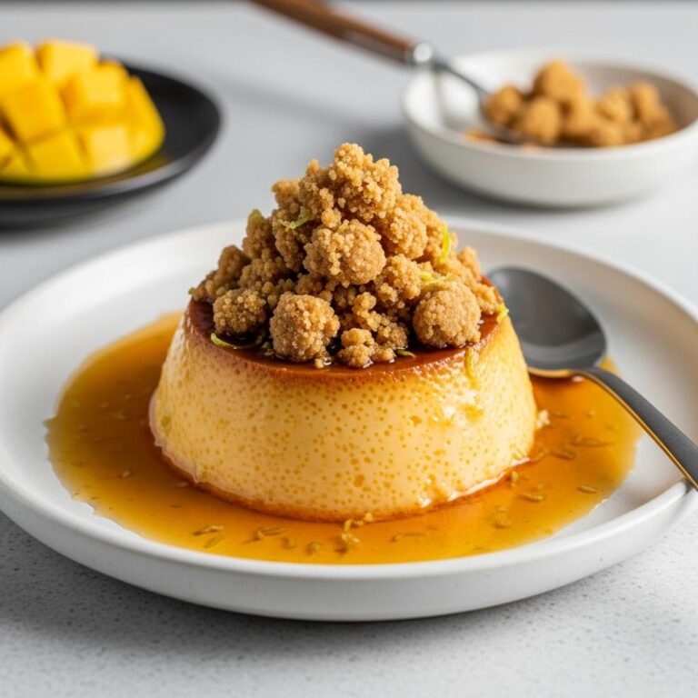 Flan de leche con caramelo de limón y crumble de nueces