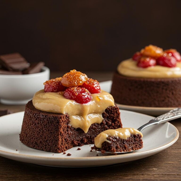 Bizcocho de chocolate con crema de avellanas y fresas caramelizadas