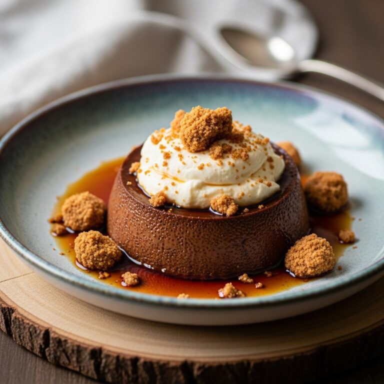 Flan de chocolate con crema de avellanas y crumble de coco