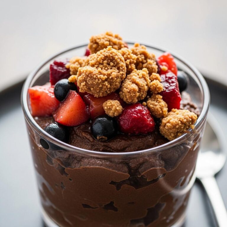 Pudin de chocolate salsa de frutos rojos y crumble de avellanas