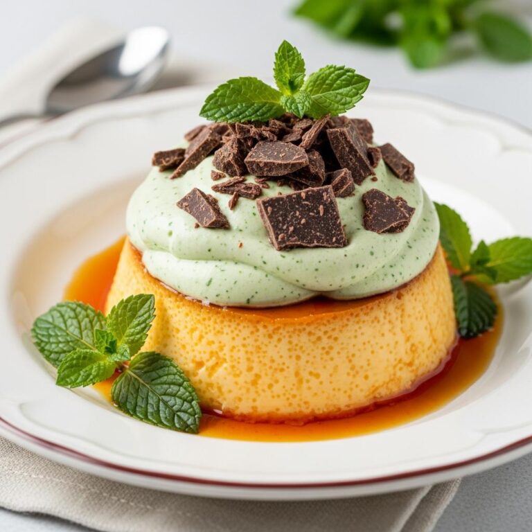 Flan de vainilla con espuma de menta y trozos de chocolate