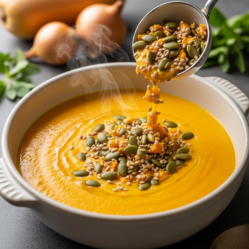 Crema de Calabaza Asada con Crujiente de Semillas