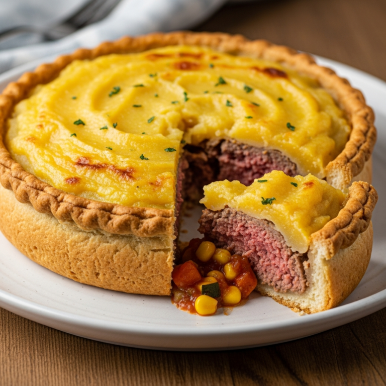 Pastel de carne con puré de patatas cremoso