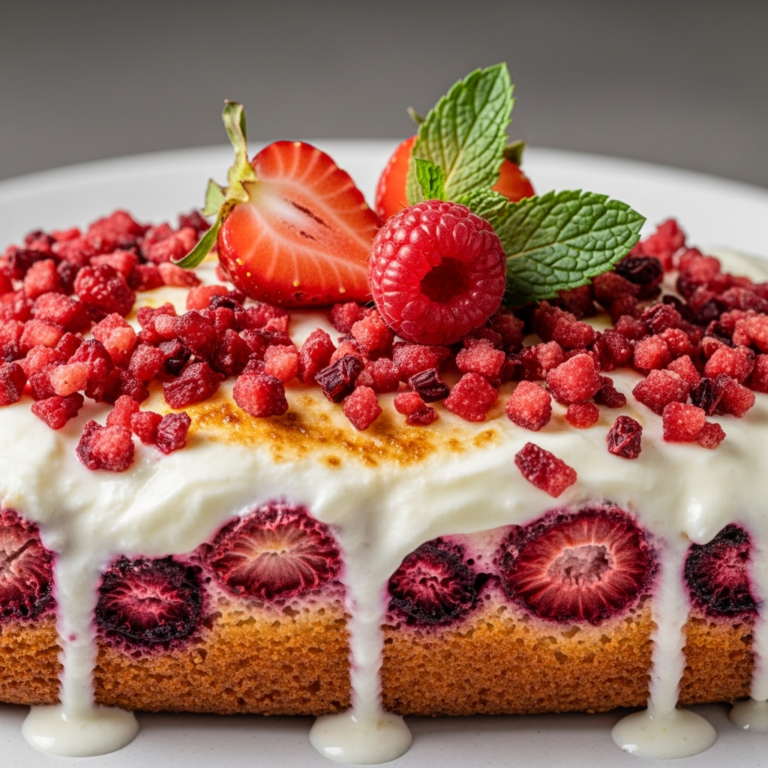 Bizcocho de yogur y fresas con glaseado de limón
