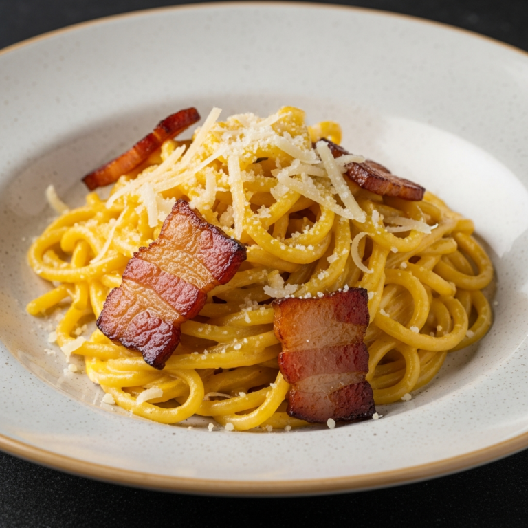 Pasta carbonara cremosa con panceta y parmesano